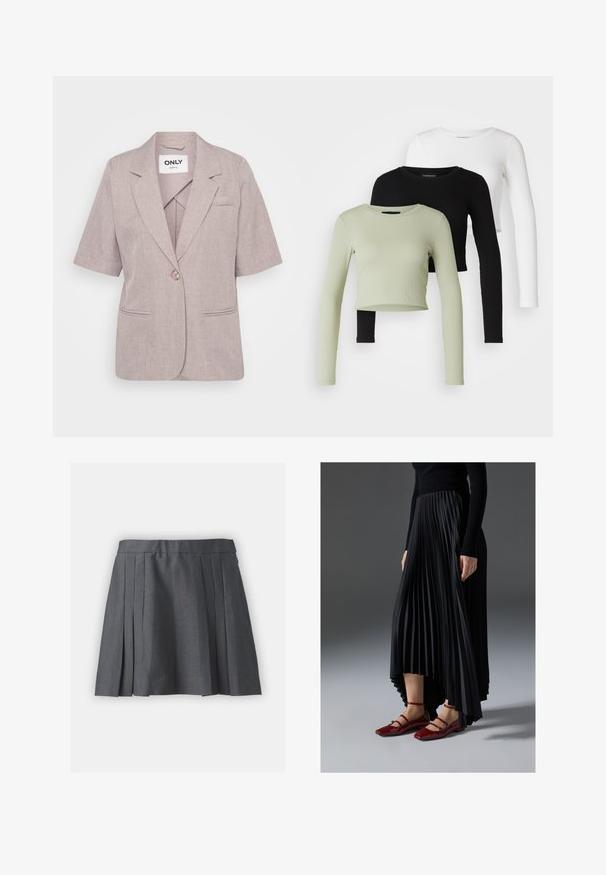 Hele lilla bleiser, mis on valmistatud tekstuuritud kangast, lühikeste varrukatega, ühe nööbi kinnitusega ja kahe esipocketsiga.; Even&Odd Petite 3 PACK - Pikkade varrukatega topp - black/white/light green; Hallide hallidega hall seelik, millel on tekstureeritud kangas, elastne vöökoht ja peidetud lukk. Omab ühtlaselt jaotatud volte, et luua struktureeritud välimus.; Mustmust seelik kõrgema ees- ja madalama taga servaga, kombineeritud läikivate punaste sussidega, millel on rihma kujundus. Kangas on sileda tekstuuriga.