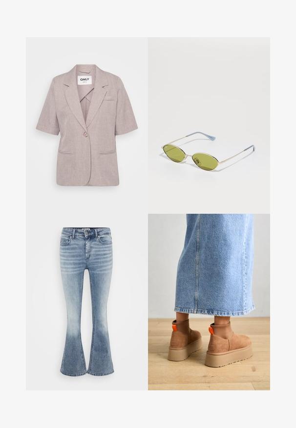 Light mauve blazer jacket made of textured fabric, featuring short sleeves, a single button closure, and two front pockets.; Even&Odd Petite 3 PACK - Long sleeved top - black/white/light green; Light blue flared jeans made of denim, featuring a classic five-pocket design, front zip closure, and subtle fading along the thighs.; Brown suede platform boots with elastic side panels and orange pull tabs, paired with a knee-length light denim skirt on a wooden floor.; Olive green sunglasses with a thin gold frame and blue-accented arms. Oval lenses and minimalistic design.