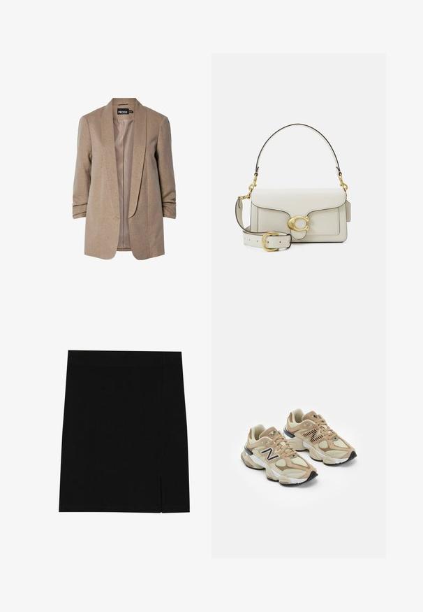 Beige blazer med en subtil glans, strukturerede klapper og oprullede ærmer. Indvendigt har den et glat for. Brandlabel synlig.; Langærmet hvid skjorte lavet af bomuld med knaplukning fortil, klassisk krave og afrundet kant, der har en afslappet pasform og ingen mønstre.; Sort mini nederdel lavet af blødt stof med en tætsiddende design, der har en lille slids på siden for ekstra detalje.; Beige sneakers med mesh og suede materialer. Har et sort logo og teksturerede accenter. Tyk hvid mellemsål og sort gummisål.; Hvid læderhåndtaske med gulddetaljer, der har en klaplukning og en aftagelig, justerbar rem. Rundet metalaccent i midten.