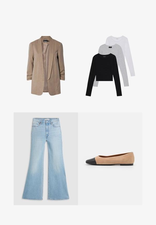 Beige blazer met een subtiele glans, gestructureerde revers en opgerolde mouwen. Het interieur heeft een gladde voering. Merklabel zichtbaar.; Drie langmouwige tops gestapeld: zwart, grijs en wit. Elke top heeft een ronde halslijn en een cropped ontwerp van soepel, lichtgewicht materiaal.; Lichtblauwe flared jeans met een hoge taille, gemaakt van denim. Kenmerkt zich door een klassiek vijf-pocket ontwerp en een raw hem aan de mouwen.; Beige suède ballet flats met een zwarte leren ronde neuskap, lage hak en een gladde textuur, met minimale stiksels en een schone uitstraling.