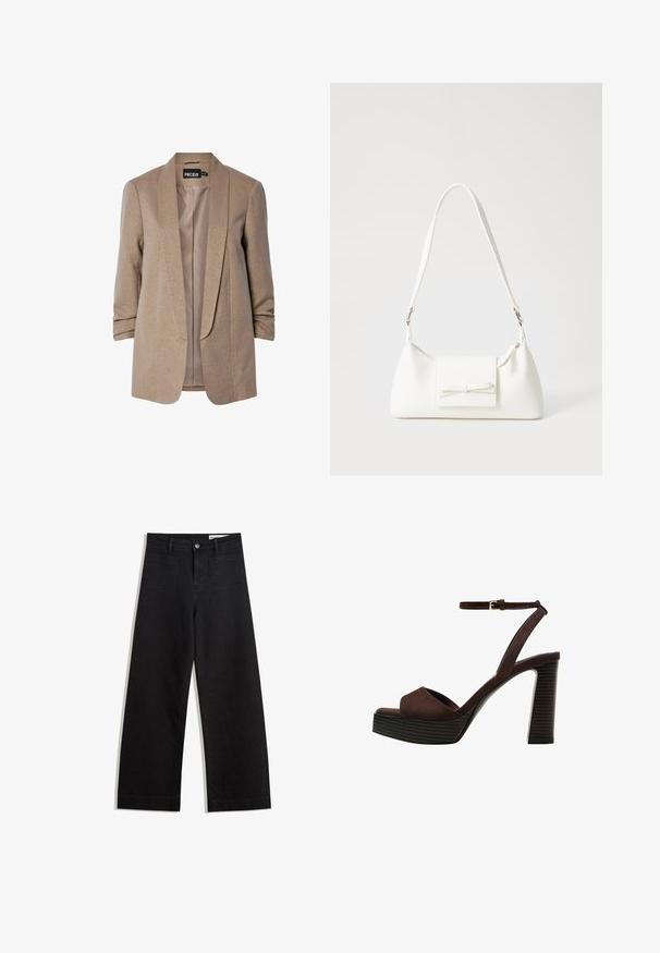 Beige blazer med en subtil glans, strukturerede klapper og oprullede ærmer. Indvendigt har den et glat for. Brandlabel synlig.; Brun kortærmet t-shirt lavet af blødt stof, med rund halsudskæring og afslappet pasform. Ingen synlige mønstre eller detaljer.; Sorte wide-leg denim bukser med høj talje, der har front- og baglommer, syede sømme og en knaplukning. Glat tekstur.; Brune ruskinds højhælede sandal med åben tå, justerbar ankelrem og en stribet plade sål.; Hvid syntetisk håndtaske med en trekantet form, flad forsideklap og sløjfedetalje, justerbar strop, glat tekstur og minimalistisk design.