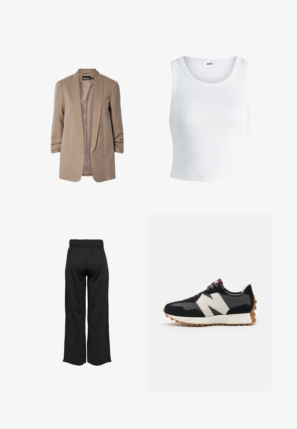 Šviesiai rudas švarkas su subtiliu blizgesiu, struktūrizuotais atlapais ir suktomis rankovėmis. Vidaus pamušalas yra lygus. Matomas prekės ženklas.; Balta raukšlėta tank top marškinėliai su apvaliu iškirpimu, be rankovių dizainu ir trumpa ilgio. Etiketėje parašyta "JJXX." Lygus audinio paviršius.; Juodos, plačios kelnės su elastinga juosta, pagamintos iš lygaus audinio. Pasižymi švariu dizainu, be kišenių ar matomų siūlių detalių.; Juoda ir pilka zomšinė sportinė avalynė su dideliu kreminiu "N" logotipu, violetinėmis raištelėmis ir tekstūruota gumos padu.