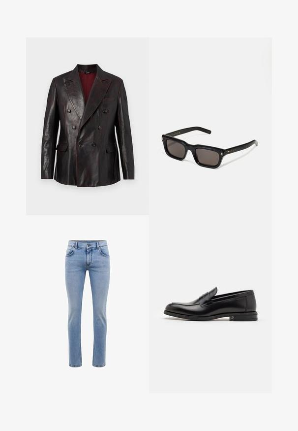GCDS - Kurtka skórzana; Biała koszulka z krótkim rękawem wykonana z bawełnianego materiału, z okrągłym dekoltem. Prosty fason bez wzorów lub akcentów. Gładka tekstura.; Jasnoniebieskie dżinsy o slim fit, pięć kieszeni i prostym kroju nogawki. Posiadają zamek błyskawiczny i szlufki na pasek. Miękka struktura.; Czarne skórzane mokasyny o gładkiej fakturze, zaokrąglonym nosku i dekoracyjnym pasku na przodzie. Niski, warstwowy obcas, minimalistyczny design.; Czarne prostokątne okulary przeciwsłoneczne z ciemnymi soczewkami, grubą plastikową oprawą, złotymi akcentami na zausznikach oraz wygrawerowanym logo marki na ramieniu.