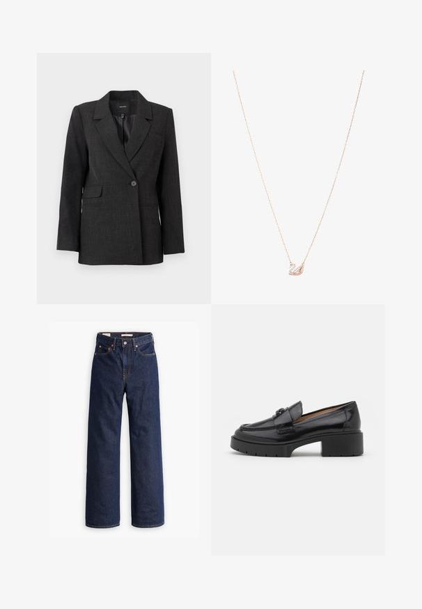 Temno siva blazer z enim gumbom, z izrezanimi reverji, dolgimi rokavi, žepoma z lapelom in gladko notranjo podlogo.; Svetlo modra bluza iz sijočega materiala, z klasičnim ovratnikom, sprednjim gumbom, napihnjenimi rokavi in večplastnim, nabranim robom.; Temno modri kavbojasti jeans ravnega kroja s petimi žepi, oranžnim šivanjem in zapiranjem na gumb.; Črne usnjene loafer čevlje z nizko blok peto, zaobljenim nosom, okrasnim trakom in teksturiranim šivom na zgornjem delu. Gladek zaključek.; Ogrlica v rožnato zlato z obeskom v obliki laboda, okrašena s prozornimi kristali. Veriga ima občutljiv dizajn povezav.