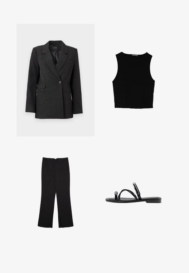 Tmavošedý jednoradový blejzer s klopami, dlhými rukávmi, klopovými vreckami a hladkou vnútornou podšívkou.; Čierny bezrukávový crop top vyrobený z hladkej tkaniny, so zaobleným výstrihom a čistým, jednoduchým dizajnom bez vzorov alebo kovania.; Čierne nohavice so strihom rovného strihu, s prednými vreckami a bočnými rozparkami na leme. Vyrobené z mäkkej, hladkej tkaniny. Vhodné na rôzne príležitosti.; Čierne ploché sandále s lesklým povrchom, tromi tenkými popruhmi a okrúhlou kovovou ozdobou na prste. Elegantný dizajn s minimálnym podpätkom.