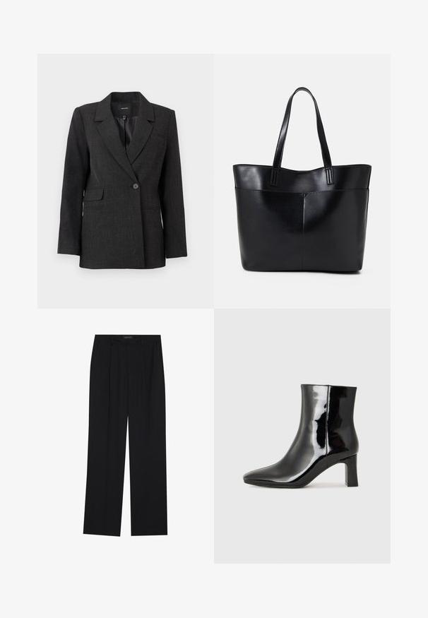 Sötétszürke, egysoros blézer, kihajtható reverrel, hosszú ujjakkal, hajtókás zsebekkel és sima bélésse.; Fekete, hosszú ujjú felső, harang alakú mandzsettákkal, puha textúrával és laza szabással, egyszerű, kerek nyakkivágással.; Fekete nadrág egyenes szárú kialakítással, két első zsebbel és derékrésszel. Simának és könnyű anyagból készült.; Fekete lakk bőrcipő bokáig érő, hegyes orral és közepes magasságú tömbsarokkal. Simább textúrával és minimalista dizájnnal rendelkezik.; Fekete bőr bevásárlótáska két hosszú fogantyúval, sima felülettel és strukturált formával. Elülső zseb található rajta a plusz tárolás érdekében.