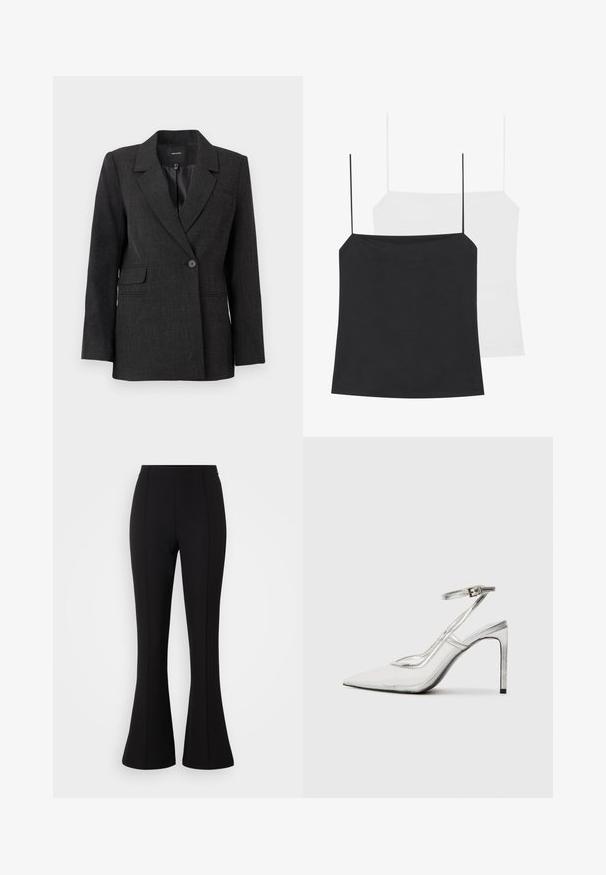 Dark gray single-button blazer with notched lapels, long sleeves, flap pockets, and a smooth inner lining.; Two camisole tops are shown: one black and one white. Both have thin straps and a fitted design made from a smooth, stretchy fabric.; Black flared pants made from stretchy fabric, featuring a smooth texture, high waist, and seam detailing along the front.; Clear stiletto heel shoe with a pointed toe, transparent material, metallic silver accents, and adjustable ankle strap.