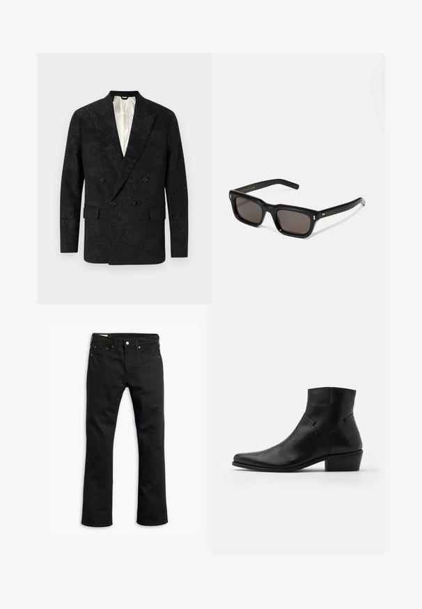 Schwarze doppelte Blazerjacke mit strukturiertem Stoff und dezenten Mustern, mit Reverskragen und zwei Fronttaschen. Gefüttertes Innenfutter.; Beige Langarm-Crewneck-Sweatshirt, gefertigt aus weichem Material, mit gerippten Manschetten und Saum, sowie einer glatten Textur und einem minimalistischen Design.; Schwarze Denim-Jeans mit geradem Beinschnitt, fünf Taschen, metallischem Knopfverschluss und dezenten Steppdetails. Glatte Textur und einfarbig.; Schwarze Leder-Ankle-Boots mit spitzer Zehenpartie, minimalen Nähdetails, einem mittelhohen Blockabsatz und einer glatten, polierten Oberfläche.; Schwarze rechteckige Sonnenbrille mit dunklen Gläsern, dickem Kunststoffrahmen, goldenen Akzenten an den Bügeln und eingraviertem Markenlogo am Arm.