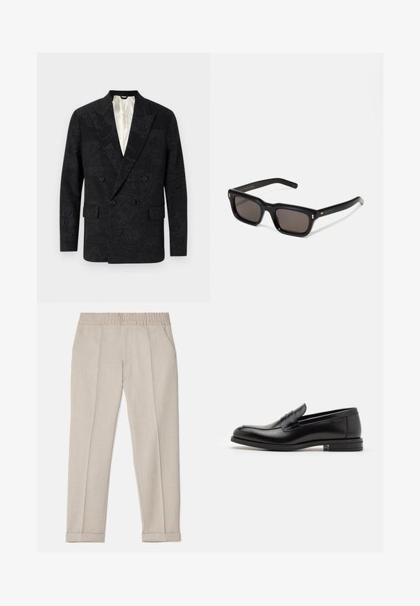 Musthave muströöpblazer musta värviga, millel on tekstureeritud kangas konkreetsete mustritega, nõgusad kraed ja kaks esikäe taskut. Vooderdatud sisu.; Valge pikamaa varrukatega nööbiga särk, mis on valmistatud puuvillast ja millel on rinna tasku toon-toonis brodeeringuga, krae ja nööbiga mansetid.; Filippa K TERRY CROPPED TROUSERS - Püksid - sage melange; Mustad mustad nahast loafers sileda tekstuuriga, ümarat ninaosa ja dekoratiivne riba vampi üle. Madal kihiline konts, minimalistlik disain.; Mustad mustakorruselised prillid tumedate läätsedega, paks plastikraam, kuldsed aksendid templites ning kaubamärgi logo graveeritud käe lilla.