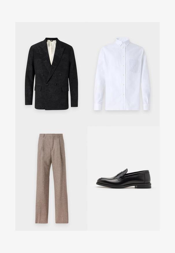 Czarny żakiet dwurzędowy z teksturowanej tkaniny o subtelnych wzorach, z klapami i dwoma przednimi kieszeniami. Podszewka wewnętrzna.; Biała koszula z długim rękawem na guziki, wykonana z bawełny, z kieszonką na piersi z tonowym haftem, kołnierzykiem i zapięciem na guziki przy mankietach.; Brązowe, wysokiej talii spodnie wykonane z teksturowanej tkaniny. Posiadają szerokie nogawki i dwa przednie zakładki dla lepszej struktury. Starannie wykończone, bez widocznych elementów metalowych.; Czarne skórzane mokasyny o gładkiej fakturze, zaokrąglonym nosku i dekoracyjnym pasku na przodzie. Niski, warstwowy obcas, minimalistyczny design.