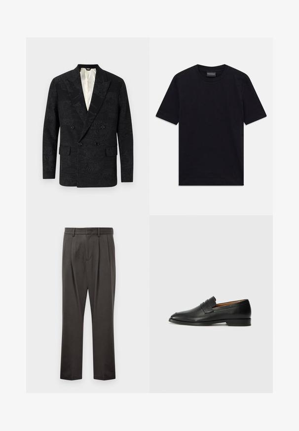 Blazer doppiopetto nero in tessuto testurizzato con motivi sottili, con rever a punta e due tasche frontali. Interno foderato.; T-shirt nero a maniche corte con colletto tondo, con un sottile motivo in rilievo e etichetta del marchio all'interno del colletto, adagiato su uno sfondo bianco.; Pantaloni grigi scuri realizzati in tessuto testurizzato, con fronte piatto, pince, gambe dritte e passanti per cintura. Nessuna ferramenta o motivo visibile.; Mocassino in pelle nera con punta arrotondata, dettagli cuciti sottili e tacco basso, caratterizzato da una texture liscia e un design minimalista.