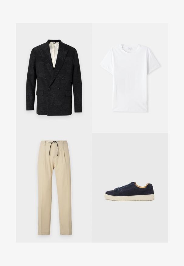 Črn dvoredni blazer iz teksturirane blage s subtilnimi vzorci, z izrezanimi klapnicami in dvema sprednjima žepoma. Podložena notranjost.; Bela bombažna majica, krojaške ovratnik, kratki rokavi, gladka tekstura, brez vzorcev ali akcentov, preprost dizajn, standardni kroj.; Bež hlače s ravnim krojem, z elastičnim pasom, plisejem na sprednji strani in gladko teksturo. Preprost, vsestranski dizajn.; Morske suede nizke tenisice z zaobljenim nosom, off-white gumijastim podplatom in usklajenimi vezalkami; imajo kontrastno rjavo notranje podložitev.