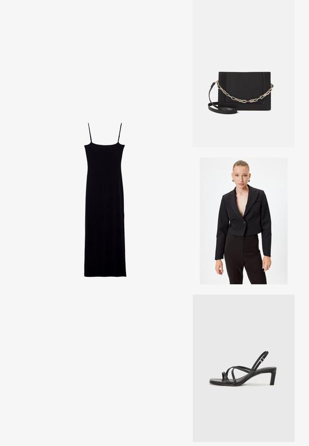 Mustavalkoinen lyhyt bleiseri, jossa on syvä V-elämä, yksittäinen napitus ja pitkät hihat. Sileä kangas ja minimalistinen muotoilu.; Mustat hihattomat mekko, jossa on suora siluetti, valmistettu pehmeästä kankaasta. Sisältää kapeat spaghetti-hihnat ja lattiaan ulottuvan muotoilun.; Mustat hihnalligat, joissa on neliön muotoinen kärki ja matala lohkokorko. Ominaisuuksiin kuuluu useita ohuita hihnoja ja säädettävä nilkkahihna. Valmistettu sileästä nahasta.; Musta nahkainen olkalaukku, jossa on sileä pinta, suorakulmainen muoto ja metalliketju yksityiskohtana edessä. Mukana säädettävä hihna.