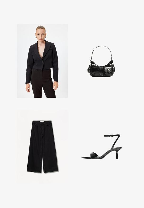 Blazer nero corto con scollo a V profondo, chiusura con un solo bottone e maniche lunghe. Tessuto lucido e design minimalista.; Top bianco a maniche lunghe con scollo a barco. Realizzato in materiale morbido, presenta maniche a campana e un orlo dritto, offrendo un design semplice e versatile.; Bershka WIDE-LEG - Wide Leg - black; Bershka Sandali con tacco - black; Borsa a spalla in vernice nera con forma curvata, una tracolla, tasche frontali e dettagli in metallo argentato.