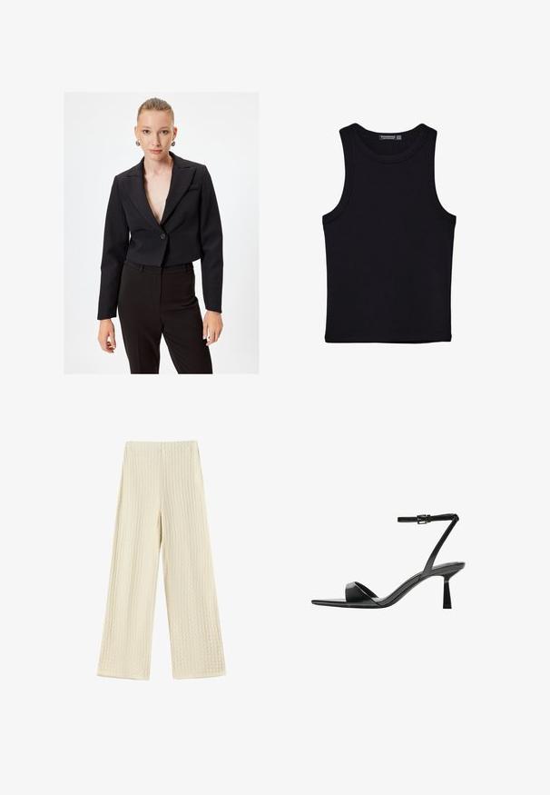 Sort cropped blazer med dyb V-udskæring, enkeltknaplukning og lange ærmer. Glat stoftekstur og minimalistisk design.; Sort tank top lavet af bomuld, med rund halsudskæring og brede armhuller. Glat tekstur med syede kanter. Klassisk, minimalistisk design.; Vide benbukser i et tekstureret, cremefarvet stof. Designet har et vaffelmønster med høj talje og fuld længde ben.; Bershka Højhælede sandaletter / Højhælede sandaler - black