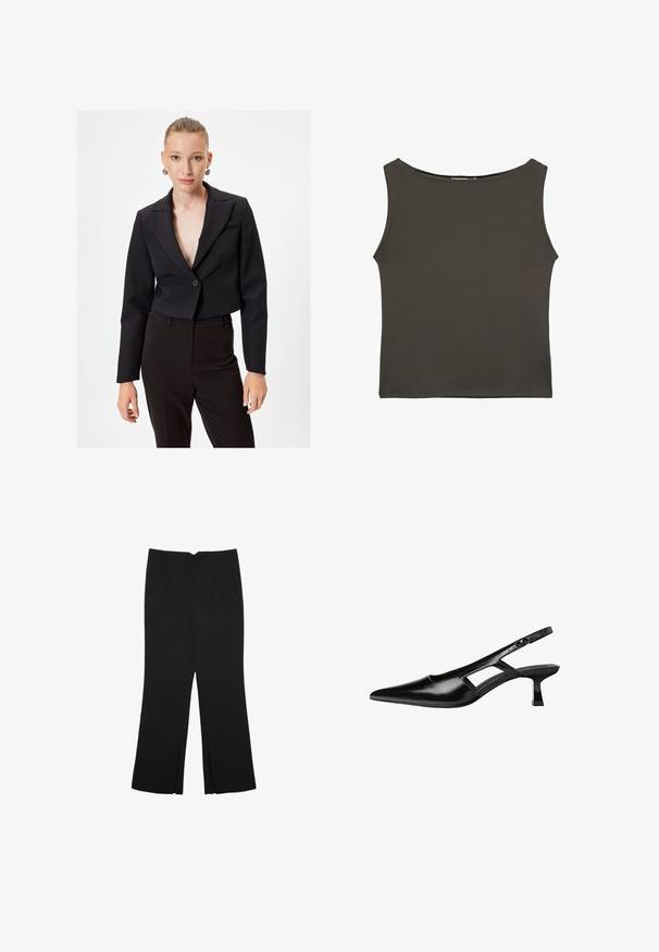 Sort cropped blazer med dyb V-udskæring, enkeltknaplukning og lange ærmer. Glat stoftekstur og minimalistisk design.; Mørkegrå, tætsiddende tanktop med rund halsudskæring og ærmeløs design, lavet af glat, strækbart stof. Ingen synlige mønstre eller accenter.; Sorte bukser med lige pasform, der har frontlommer og slidser i kanten. Lavet af blødt, glat stof. Velegnet til forskellige anledninger.; Sorte patentlæder slingback hæle med spids tå, udskåret sideskærm og en lille firkantet hæl. Glat tekstur med minimale detaljer.
