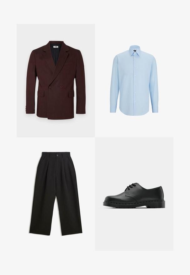 Burgundska dvoredna blazer jakna z izrezanimi reverji, dvema sprednjima žepoma in gumbnimi poudarki. Teksturičen material, prilegajoč kroj. Črna podloga.; Svetlo modra dolga srajca z dolgimi rokavi, izdelana iz gladkega materiala, z gumbom spredaj, konicami ovratnika in običajnim krojem.; Črne hlače z sproščenim krojem, z naborki spredaj, stranskimi žepi in gumbom za zapiranje. Narejene so iz strukturirane tkanine.; Črne usnjene oksford čevlje z vezalkami, zaobljenim prstom, ravnim gumijastim podplatom in diskretnim šivanjem po zgornjem delu.