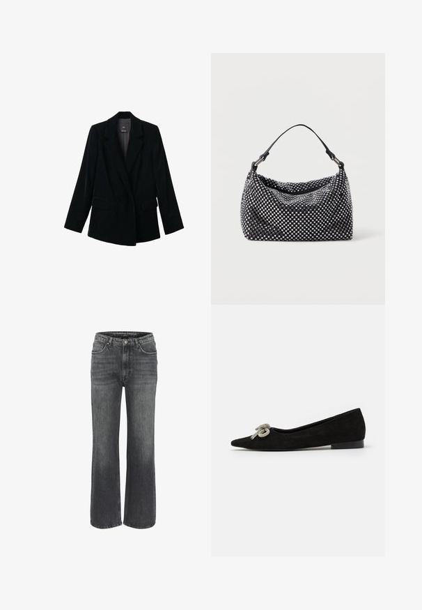 Czarna aksamitu blazer z jednym guzikiem, z klapami w kształcie notcha, dwiema przednimi kieszeniami z klapami i długimi rękawami, zaprezentowana na białym tle.; Vero Moda Tall VMLADY G STRING - Bluzka; Jeans typu wide-leg w ciemnoszarym denienie, z klasycznym pięciopocketowym wzorem, przeszyciami oraz zapięciem na guzik w taliji.; Czarne zamszowe baleriny z wąskim noskiem, zdobione ozdobną srebrną kokardą z przodu, z niskim obcasem.; Czarna i srebrna torebka z plecioną, teksturowaną powierzchnią charakteryzującą się kwadratowymi wzorami, z pojedynczą rączką u góry i luźnym fasonem.