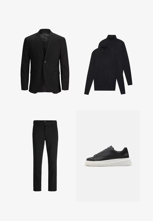 Juodas švarkas su vieno mygtuko užsegimu, siauriems iškirpimams, ir dviem priekinėms kišenėms. Lygus audinys su tvarkingu, oficialiu dizainu.; Du mėlynos ilgomis rankovėmis golfo megztiniai, paprasta mezgimo, supilti vienas ant kito, vienas šiek tiek už nugaros, ant baltos fono.; Juodos kelnės, pagamintos iš švelnaus audinio, pasižyminčios klasikiniu dizainu, tiesiu kirpimu, priekiniais mygtukais ir šoninėmis kišenėmis.; Juodos odinės sportbačiai su balta guma padanga, su plokščiomis raiščiais ir firminiais skylutėmis. Minkšta tekstūra su kontrastingu šonu akcentu.