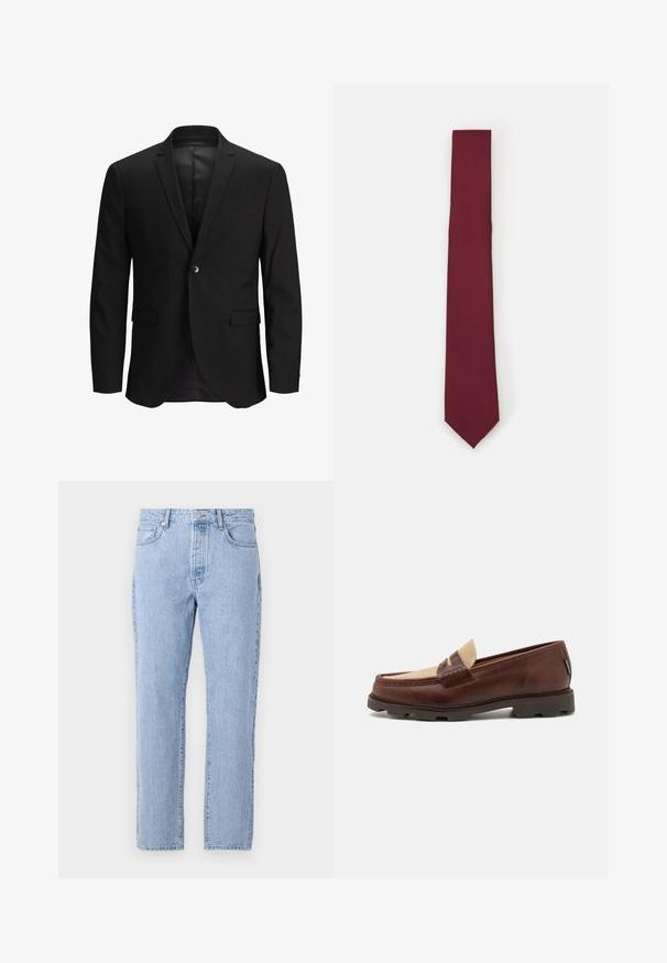 Sacou negru cu o singură închidere cu nasture, croi slim, rever cu vârf și două buzunare frontale. Material neted cu un design curat și formal.; Camasa albă cu mâneci lungi, cu nasturi, confecționată dintr-un material neted. Dispune de un guler clasic, nasturi pe față și manșete cu un singur nasture. Design ajustat.; Jeans de blugi de culoare bleu deschis, cu un design drept, cinci buzunare și închidere cu buton. Textură moale cu un finisaj clasic, decolorat.; Loaferi din piele maro cu un accent din pânză taupe, detalii cusute și o talpă din cauciuc texturat, proiectați pentru confort și durabilitate.; Cravat din mătase burgundă, cu formă îngustă și textură uniformă. Prezintă o vârf ascuțit, o culoare constantă și un finisaj neted.