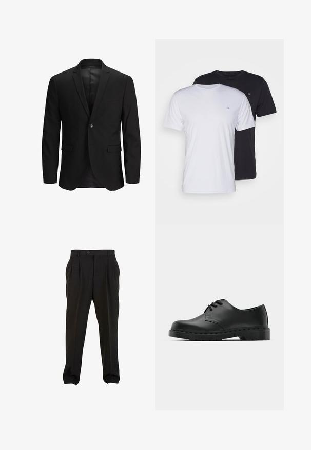 Giacca nera con chiusura a un bottone, taglio slim, revers a angolo e due tasche frontali. Tessuto liscio con un design pulito e formale.; Due magliette in cotone, una bianca e una nera, a maniche corte con scollo tondo, caratterizzate da un piccolo logo sul petto e una trama liscia.; Pantaloni neri in tessuto morbido, con pieghe frontali, vita con bottone e polsini a gamba affusolata. Silhouette classica e sartoriale.; Scarpa oxford in pelle nera con design con lacci, punta arrotondata, suola piatta in gomma e dettagli di cucitura discreti lungo la parte superiore.