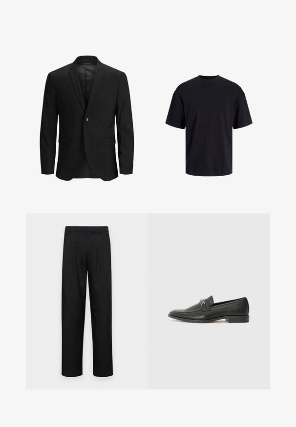 Fekete zakó egy gombos záródással, slim fit fazonnal, kivágott gallérral és két elülső zsebbel. Simaságával és letisztult, formális dizájnjával tűnik ki.; Fekete pamut póló, kerek nyakkivágással, rövid ujjú és laza fazonú. Simább anyagú, látható minták vagy díszítések nélkül.; Fekete nadrág sima anyagból, egyenes szárú fazonnal, két elülső redővel és közönséges derékkal, övhurkokkal.; Fekete bőr loaferek sima felülettel, varrott mintával és díszítő fém lánccal a cipő elején. Lapos sarok.