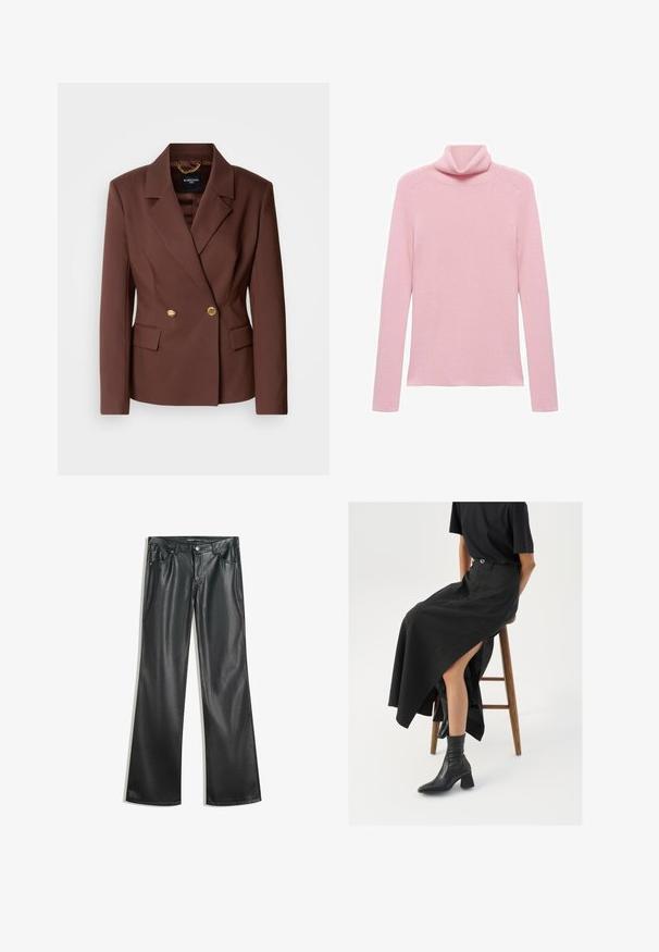 Smeđa dvoredna blejzer jakna s dva zlatna gumba, s ovratnicima i bočnim džepovima. Napravljena je od glatkog materijala s oblikovanim krojem.; Roze dugih rukava rebrasti pulover s preklopljenim turtleneck ovratnikom, prikazan ravno na bijeloj pozadini.; Crne hlače od umjetne kože širokog kroja s glatkom teksturom, dizajnom s pet džepova, prednjim zatvaračem i kontrastnim šavovima.; Crna lanena maksi suknja s visokom prorezom, nosi se s crnom majicom i crnim gležnjačama. Minimalistički dizajn s opuštenim krojem.