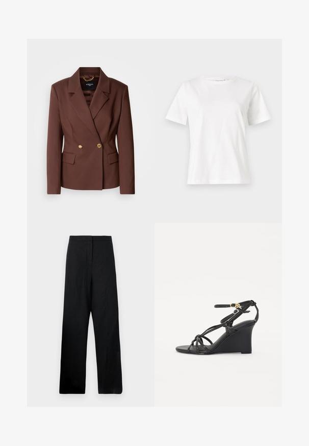 Brūns dubultā svītra žakete ar divām zeltītām pogām, grieztiem uzvalka klasiem un sānu kabatām. Izgatavota no gludas auduma ar strukturētu piegriezumu.; Baltas kokvilnas T-krekls ar īsām piedurknēm, apaļu kakla izgriezumu un brīvu piegriezumu. Gluda tekstūra, bez rakstiem vai akcentiem, minimālistisks dizains.; Melni plaši bikses, kas izgatavotas no viegla auduma. Tām ir gluda tekstūra, augsta josta un minimālas šuvju detaļas.; Melni klinveida sandales ar plānām, krustveida siksniņām un regulējamu potītes siksnu ar zelta sprādzi. Gluda ādas apdare.