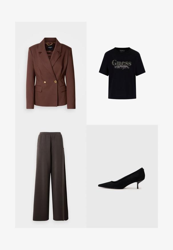 Brauner doppelt knöpfbarer Blazer mit zwei goldenen Knöpfen, Reverskragen und seitlichen Taschen. Hergestellt aus glattem Stoff mit strukturierter Passform.; Schwarzes Baumwoll-T-Shirt mit rundem Halsausschnitt und kurzen Ärmeln. Besitzt ein glitzerndes "Guess"-Logo und den Text "Established Nineteen Eighty One".; Dunkelbraune weit geschnittene Hosen mit einem elastischen Bund und Seitentaschen, auf einem weißen Hintergrund präsentiert.; Schwarzer Wildleder-High-Heel-Schuh mit spitzem Zeh und slim, niedrigem Absatz. Glatte Textur mit elegantem Design, ohne sichtbare Beschläge.
