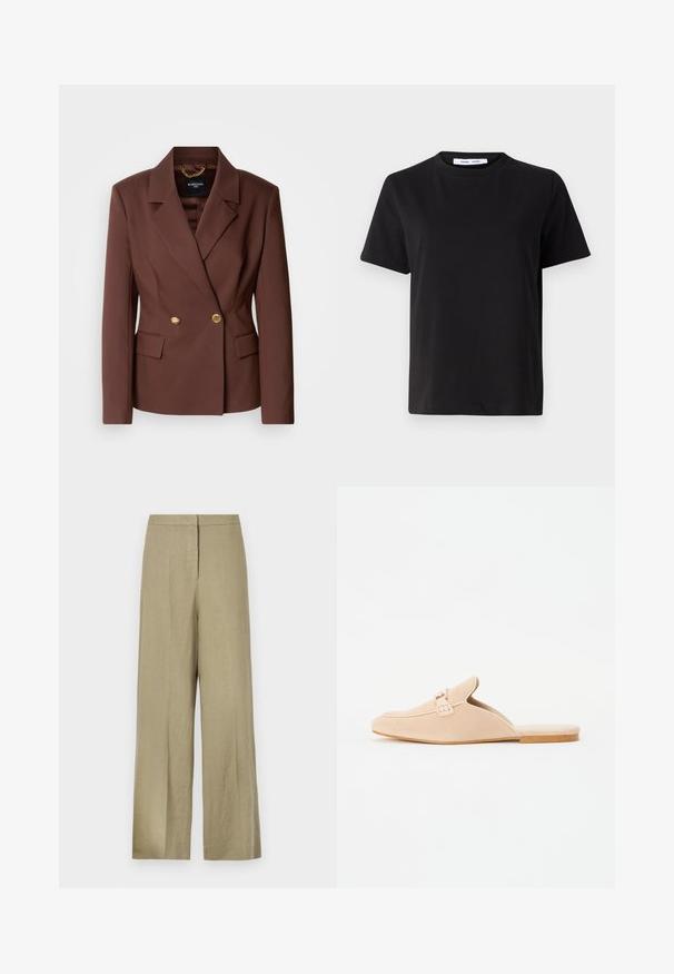 Blazer marrón de doble botonadura con dos botones dorados, solapas con muesca y bolsillos laterales. Fabricado en un tejido suave con un ajuste estructurado.; Camiseta negra de manga corta hecha de algodón suave, con un cuello redondo, corte relajado y una textura lisa. Sin patrones ni gráficos visibles.; Pantalones de pierna ancha en verde claro, hechos de lino. Tienen una cintura alta y un diseño frontal limpio con un solo pliegue.; Mocasines de ante beige sin cordones con punta cerrada, que presentan un detalle decorativo en forma de hebilla y una suela plana de corcho. Textura suave con diseño minimalista.
