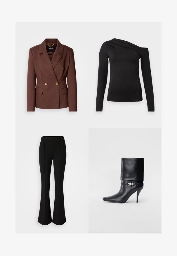 Rjav dvojniki blazer z dvema zlatima gumboma, zarezano ovratnikom in stranskimi žepi. Narejen iz gladkega materiala z strukturiranim fitom.; Črna dolga majica z dolgimi rokavi z asymetričnim izrezom, ki razkriva eno ramo in ima nežno padajočo draperijo čez prsi.; Črne razširjene hlače iz raztegljivega materiala z gladko teksturo, ki imajo šive spredaj za dodatno oblikovanje.; Črne usnjene gležnjarje z ostrim nosom, visokim stiletto peto, zavihanim robom in zlatim okrasnim zaponko na gležnju.