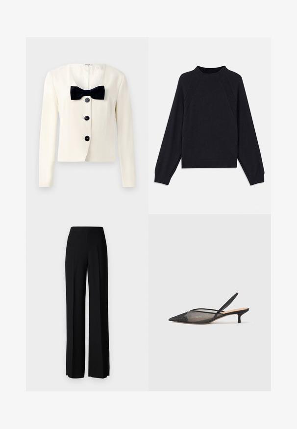Blazer creme com um decote em V profundo, apresentando uma gravata borboleta preta texturizada e quatro botões pretos na frente. Mangas longas e um corte ajustado.; Sweater azul marinho escuro com decote redondo, mangas raglan longas, punhos canelados e barra reta. Feito de um material de malha macia e texturizada.; Calças largas pretas com uma textura suave, apresentando uma cintura alta e pregas centrais. Sem padrões visíveis ou detalhes em metal.; NEOUS IRENA - Saltos clássicos - black