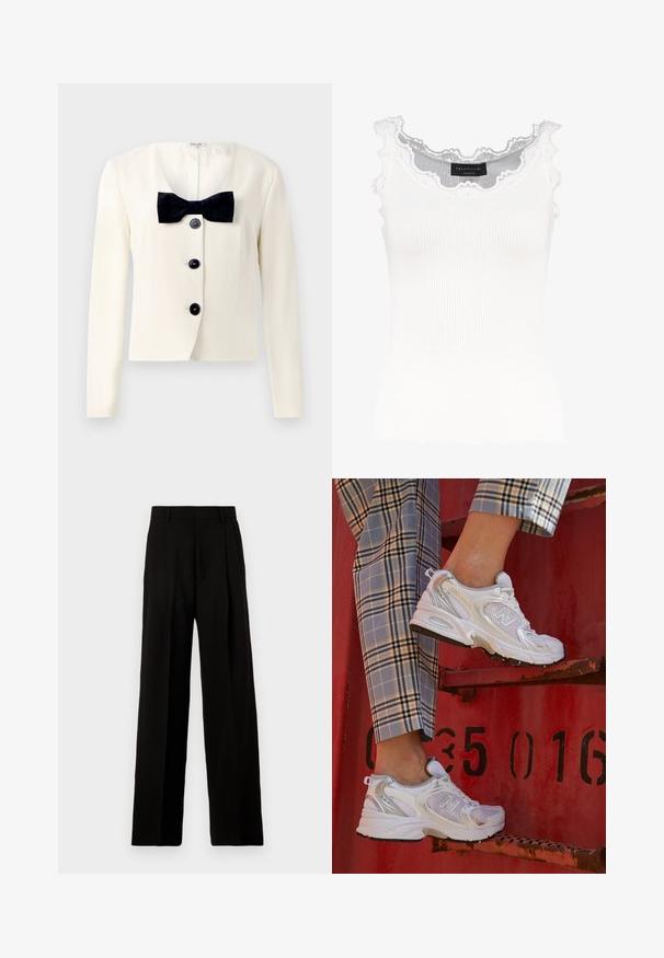 Kremowa marynarka z głębokim dekoltem w kształcie litery V, z teksturowanym czarnym krawatem w kształcie kokardy i czterema czarnymi guzikami z przodu. Długie rękawy i dopasowany krój.; Biały prążkowany top na ramiączkach z koronkowym wykończeniem przy dekolcie i rękawach. Posiada miękką teksturę i dopasowany krój. Wewnątrz widoczna metka marki.; Czarne spodnie typu wide-leg wykonane z gładkiego materiału, z wysokim stanem, plisami z przodu i czystym, dopasowanym krojem bez ozdób.; Białe siatkowe sneakersy z srebrnymi akcentami i teksturowaną podeszwą, umieszczone na czerwonej powierzchni, w połączeniu z materiałowymi spodniami w kratę.