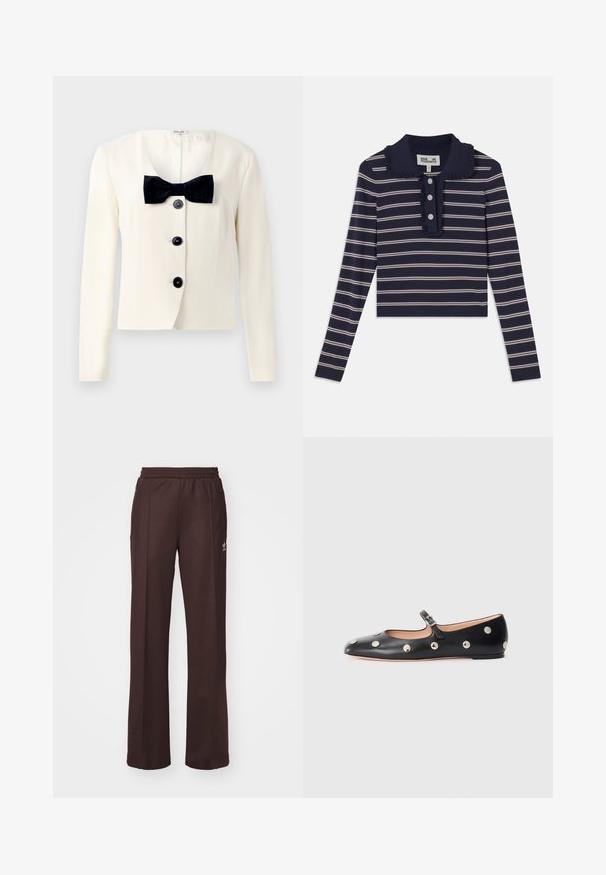 Tejbevonatos krémszínű blézer mély V-nyakkal, textúrált fekete masnival és négy fekete gombbal az elülső részen. Hosszú ujjú és karcsúsított fazonú.; Tengerészkék hosszúujjú ing, rózsaszín vízszintes csíkokkal, fodros gallérral és elöl három gombbal; puha, rugalmas anyagból készült.; Barna sport nadrág rugalmas derékkal, két oldalsó zsebbel és egy kis logóval a bal oldalon, puha anyagból készült.; Fekete bőr Mary Jane lapossarkú cipő, lekerekített orral, ezüst színű kör alakú szegecsekkel és állítható pánttal, csattal.