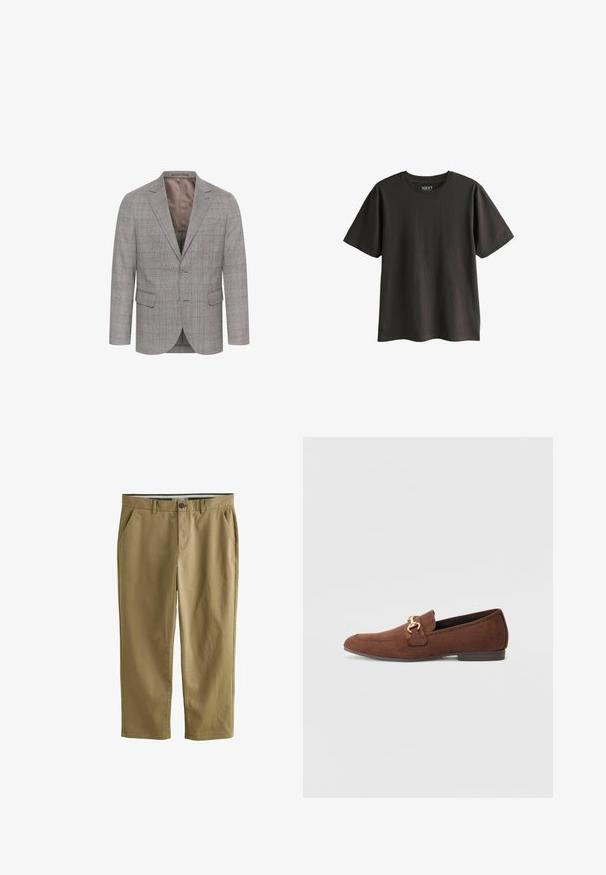 Pelēks šķērsprofila žakete ar divām pogām, ar iedobēm un divām priekšējām kabatām. Ar gludu iekšējo oderi un struktūru vilnas maisījuma ārpusi.; Tumši pelēks īsās piedurknes T-krekls, izgatavots no kokvilnas. Tam ir apaļa kakla izgriezuma forma un brīvs piegriezums, ar gludu tekstūru un bez redzamām rakstām.; Kaki chinos no kokvilnas auduma, ar divām sānu kabatām, pogu aizdari, taisnām kājām un gludu tekstūru.; Brūni zamšādas loafers ar zelta toņa aparatūras akcentu, mandeļu formas purngaliem un zemu papēdi. Satur šuvju detaļas uz augšdaļas.