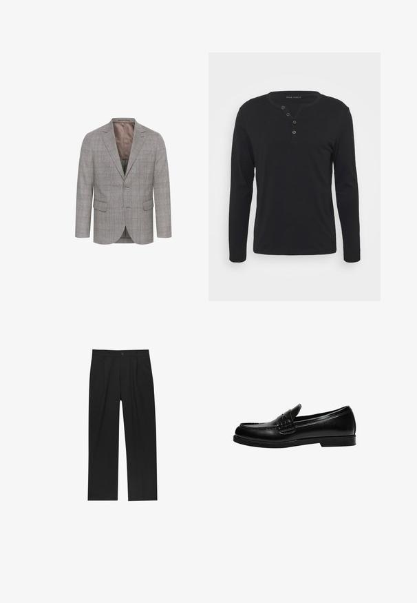 Szürke kockás blézer, két gombbal, hajtókás gallérral és két elülső zsebbel. Egy sima bélés jellemzi, valamint egy textúrált gyapjú keverék külső.; Fekete, hosszú ujjú henley póló, puha anyagból készült, gombos kivágással, kerek nyakkivágással és szűkített ujjakkal.; Fekete nadrág egyenes szárú kialakítással, sima anyagból készült. Elöl redők és egy gombos záródás található a derékon.; Fekete bőr loafer sima felülettel, a vamp-on varrási részlettel és alacsony, szilárd fekete gumitalppal.