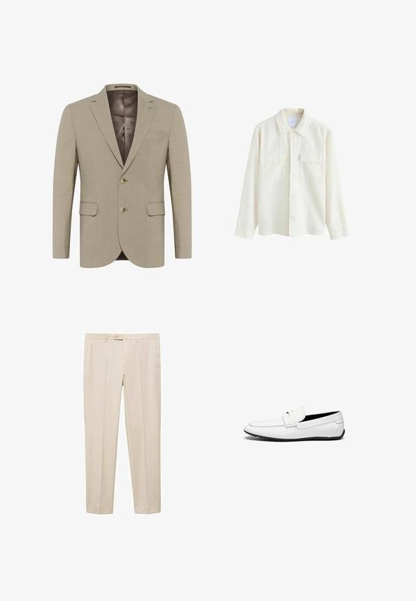 Blazer beige con tessuto testurizzato, design monopetto, due tasche frontali e due bottoni. Fodera di tonalità più scura.; Camicia button-up color crema realizzata in tessuto testurizzato, con colletto, due tasche sul petto e maniche lunghe con polsini a bottoni.; Pantaloni beige su misura con taglio dritto, dotati di chiusura in vita con un singolo bottone, due tasche laterali e design frontale piatto.; Mocassini bianchi in pelle con finitura liscia, caratterizzati da un accento cucito, una punta arrotondata e una suola in gomma nera per una maggiore aderenza.