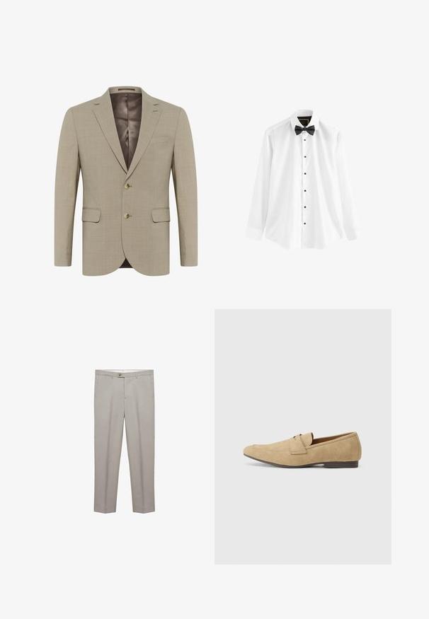 Bež blazer iz teksturirane tkanine, enoredni kroj, dve sprednji žepi in dve gumba. Podložen v temnejši odtenek.; Bela srajca iz bombaža z dolgimi rokavi, črna metuljčkasta in črnimi gumbi spredaj.; Bež hlače s prilagodljivim krojem, z ravnim sprednjim delom, dvema stranskima žepoma in gumbom za zapiranje, narejene iz gladkega, lahkega materiala.; Bež semišne mokasine z rahlim sijajem, zaokroženim nosom, enostavnim obuvanjem in nizkim smešnim petam. Nežna podrobnost šivanja.