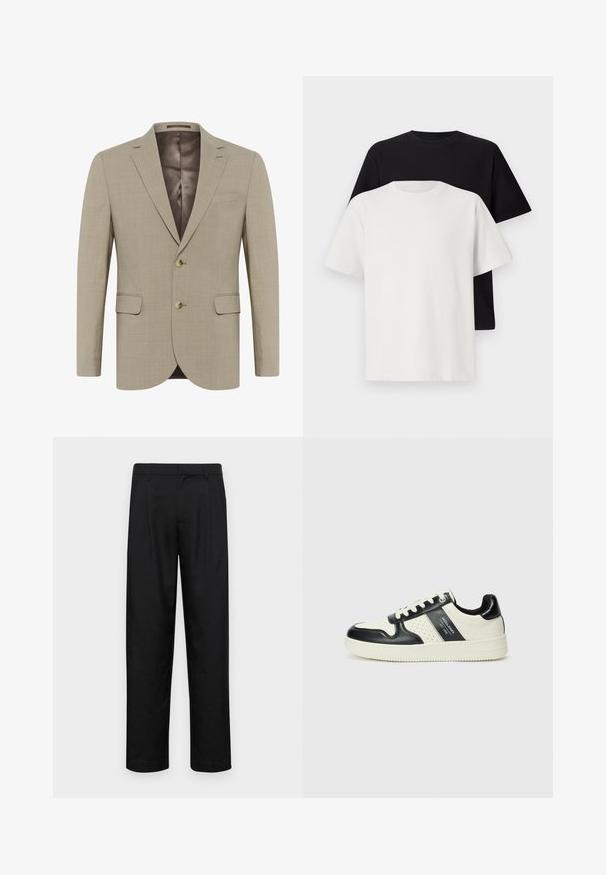 Bežs žakets ar teksturētu audumu, vienkrūšu dizains, divas priekšējās kabatas un divi pogas. Odere tumšākā tonī.; Kokvilnas T-kreklu komplekts, kas sastāv no melna un baltā T-krekla, abi ar īsām piedurknēm, apaļu kakla izgriezumu un standarta piegriezumu. Faktūras audums.; Melnas bikses, izgatavotas no gludas auduma, ar taisnu kāju dizainu, divām priekšējām krokām un standarta jostu, kurai ir āķi.; Ādas sporta apavi ar melnbaltu krāsu shēmu, ar perforētiem akcentiem, mīkstinātu apkakli un teksturētu zoli.