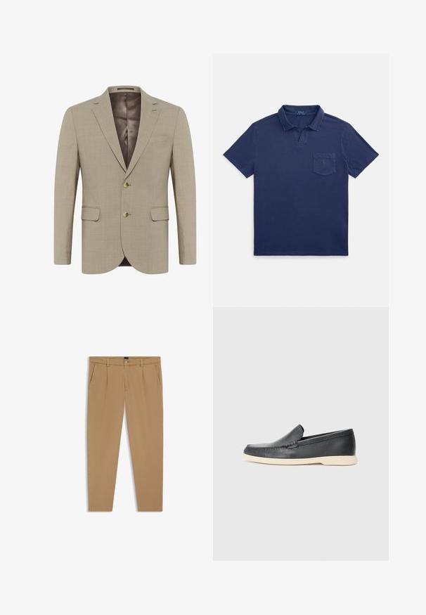 Blazer beige con tessuto testurizzato, design monopetto, due tasche frontali e due bottoni. Fodera di tonalità più scura.; Polo blu navy in cotone, con colletto a risvolto, maniche corte e taschino sul petto con un piccolo dettaglio logo.; Pantaloni beige con una texture liscia, design a gamba dritta, tasche anteriori e chiusura con bottone in vita.; Mocassini neri in pelle con finitura testurizzata e suola in gomma beige a contrasto. Presentano un accento sottile lungo la parte anteriore.