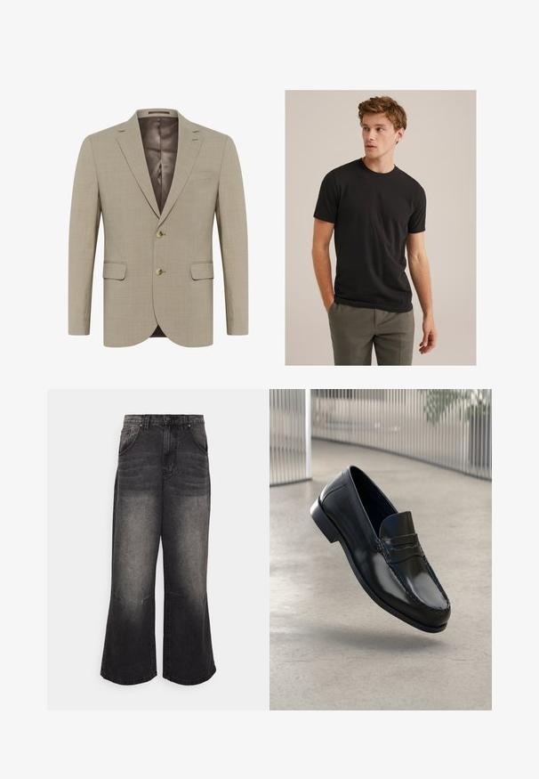 Bež bleiser, millel on tekstureeritud kangas, ühe nööbiga disain, kaks eesmist taskut ja kaks nööpi. Vooder on tumedamat tooni.; Noor curly helepruunide juustega noormees, kes kannab musta lühikeste varrukatega T-särki ja halli pükse, vaatab vasakule käed taskutes.; Laiad mustad denim püksid, millel on pleekinud viimistlus, kõrge vöökoht, viis taskut ja nähtavad õmbluse detailid.; Mustad nahast mokassiinid, millel on sile viimistlus, ümar varvas, dekoratiivsed õmblused ja veidi kõrgendatud tald.