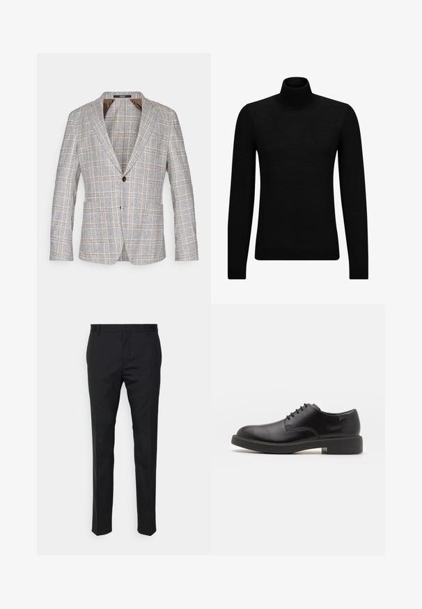 Károvaný sako svetlo šedej farby s hnedými akcentmi, vyrobené z textúrovanej látky, s jedným gombíkom a klopovými goliermi.; Čierny rolák vyrobený z jemného materiálu, s dlhými rukávmi a tesným strihom. Hranatý lem a manžety s ribbed úpravou. Jednoduchý dizajn.; Čierne nohavice s rovnými nohavicami, vyrobené z hladkej tkaniny. Majú pútka na opasok a záhyby na prednej strane.; Čierne kožené šnurovacie topánky s okrúhlou špičkou, hladkým povrchom, minimálnym prešívaním a nízkym gumovým podpätkom. Logo na podpätku.