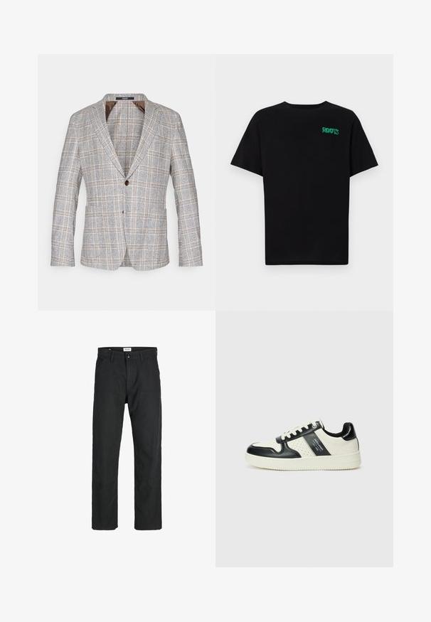 Švarkas su laukeliu šviesiai pilkos spalvos, su rudi akcentais, pagamintas iš tekstūruotos medžiagos, su vienu mygtuko uždarymu ir įpjautomis apykaklėmis.; Juodas medvilninis marškinėliai trumpomis rankovėmis. Priekyje yra žalias „ROOTS“ logotipas, apvalus iškirpimas ir standartinė prigludimo forma.; Juodi kelniai, pagaminti iš tvirto audinio, su tiesiomis kojomis, siuvinėtomis detalėmis ir dviem priekinėmis kišenėmis funkcionalumui.; Odiniai sportbačiai juodos ir kreminės spalvų schemoje, su perforuotais akcentais, paminkštinta apykakle ir tekstūruotu padu.