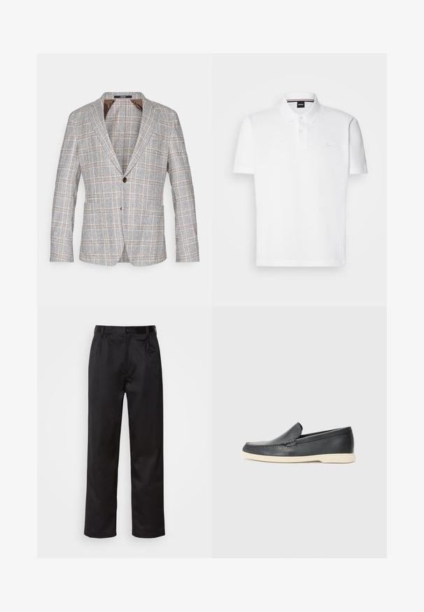 Kergelt hall paneeliga bleiser, millel on pruunid aktsendid, valmistatud tekstureeritud kangast, single nuppude sulgus ja lõikega krae.; Valge polo särk, mis on valmistatud puuvilla ja polüestri segust, omades kraed, kaht nuppu pliiatsis ning peent tikandit rinnal.; Mustadest siledast kangast pükstest, millel on ees nupu sulgemine, voldid ja sirged sääred. Ei mingeid nähtavaid mustreid ega aktsente.; Must musta sussid mustast nahast, millel on tekstuuriga pind ja kontrastne beež kummitald. Ees on peen aktsent.