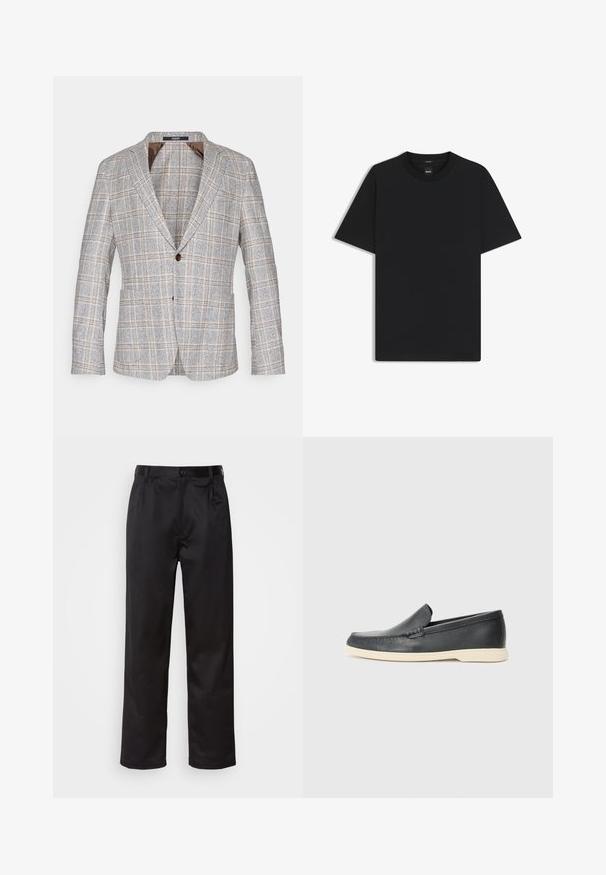 Plaid blazer in light gray with brown accents, made from textured fabric, featuring a single button closure and notched lapels.; Black short-sleeve T-shirt made from a smooth cotton blend, featuring a crew neckline and a minimalistic design with no patterns or accents.; Black trousers made of smooth fabric, featuring a front button closure, pleats, and straight legs. No visible patterns or accents.; Black leather slip-on loafers with a textured finish and a contrasting beige rubber sole. Features a subtle accent along the front.