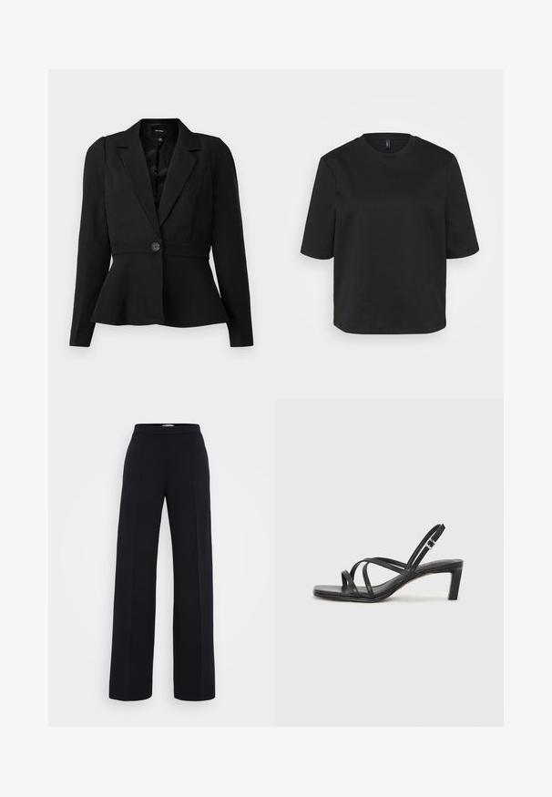 Juodas pritaikytas bleizeris su prigludusia juosmena, ilgomis rankovėmis, vienu mygtuko užsegimu ir peplum apdaila. Lygus audinys su klasikiniu dizainu.; Juoda apvalios iškirptės marškinėliai pagaminti iš medvilnės, su trumpomis rankovėmis ir laisvu siluetu. Lygus tekstūra, be matomų raštų ar akcentų.; Juodi plačios kojų kelnės su lygiu paviršiumi, turinčios aukštą liemenį ir centrinę siūlę. Pagamintos iš lengvos medžiagos.; Juodi šlepetės su kvadratiniu pirštu ir žemu bloku kulnu. Yra keli ploni dirželiai ir reguliuojamas kulkšnies diržas. Pagaminti iš lygios odos.