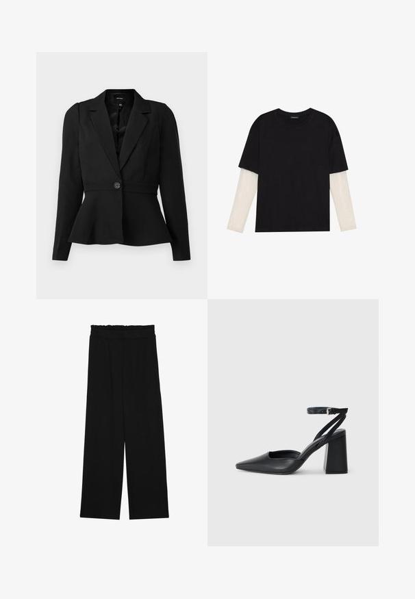 Blazer preto estruturado com cintura ajustada, mangas longas, fecho com um único botão e bainha estilo peplum. Tecido suave com um design clássico.; T-shirt preta de algodão, com mangas curtas sobre uma camada de mangas longas branca com um padrão texturizado subtil. Design de decote redondo.; Calças largas pretas com um cinto franzido, apresentando dois bolsos laterais e um tecido suave e leve. Sem padrões ou ferragens visíveis.; Sandal com biqueira afilada em couro preto, com cinta no tornozelo e salto grosso. Textura lisa, design elegante e estética minimalista.