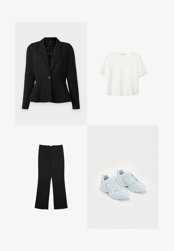 Črn tailored blazer z oprijetim pasom, dolgimi rokavi, zapiranjem na en gumb in peplum obodom. Gladek material s klasičnim dizajnom.; Bela kratka majica s kratkimi rokavi iz bombaža. Ima okroglo izrezovanje in sproščen kroj. Gladka tekstura brez vidnih vzorcev ali poudarkov.; Črne hlače ravnega kroja z naglavnimi žepi in stranskimi razporki na robu. Narejene iz mehke, gladke tkanine. Primerne za različne priložnosti.; Svijetloplave atletske cipele s mrežastim i sintetičkim gornjim dijelom, s bijelim točkicama i reflektirajućim detaljima, vezice, te jastučićima u unutrašnjosti.