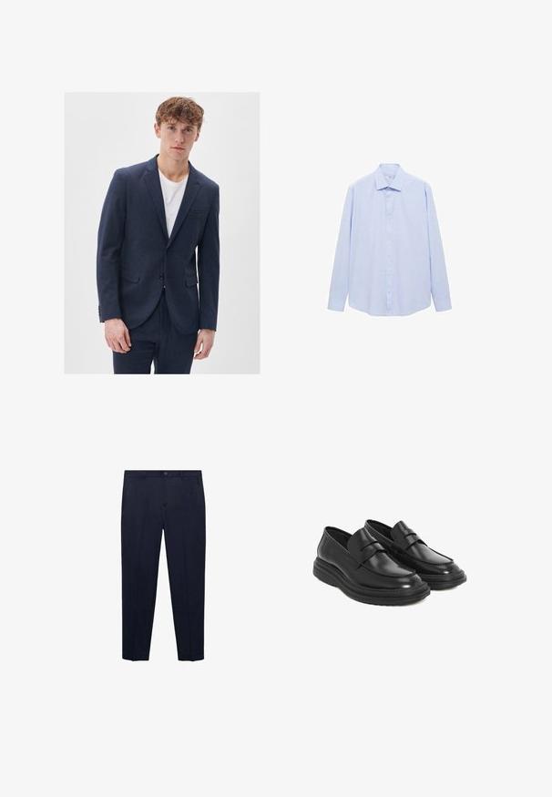 Sako z vlněného materiálu navy modré barvy s klopami, dvěma předními kapsami, jedním knoflíkovým zapínáním a texturovaným akcentem.; Světle modrá košile s dlouhým rukávem z tkané látky, s klasickým límcem a plnou přední částí na knoflíky, s rovný řezem a bez vzorů.; Námořnické modré kalhoty z hladkého materiálu, s rovnými nohavicemi, standardním pasem s knoflíkem a diskrétními postranními kapsami.; Černé kožené polobotky s kulatou špičkou, prošitím a platformovou gumovou podrážkou. Obsahují dekorativní pásek přes nárt.