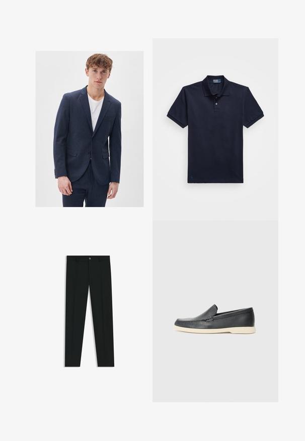 Mörkblå kostymjacka i ullblandning med slag, två framfickor, en enkel knappstängning och texturerat tyg.; Mörkblå pikétröja i texturerad tyg, med en tvåknapplåsning och en liten broderad logotyp vid fållen. Korta ärmar.; Svarta dressbyxor med rak bendesign, gjorda av ett mjukt tyg. Har stängning med frontknapp och bälteshällor. Enfärgade utan mönster.; Svarta läder slip-on loafers med en texturerad yta och en kontrasterande beige gummisula. Har en subtil accent längs fram.
